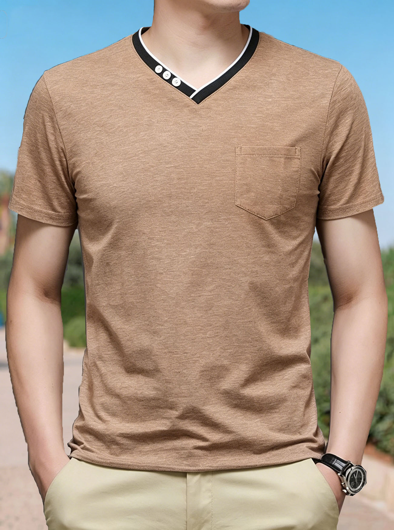 Transfronterizos eBay verano nuevo hombre color contrastante cuello V camiseta delgada grande americano con bolsillo casual deportivo mangas cortas
