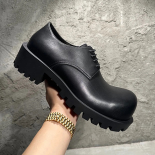 2024 Paris big toe leather shoes men's and women's same style chunky heel derby shoes thick sole increased toe lace-up casual leather shoes