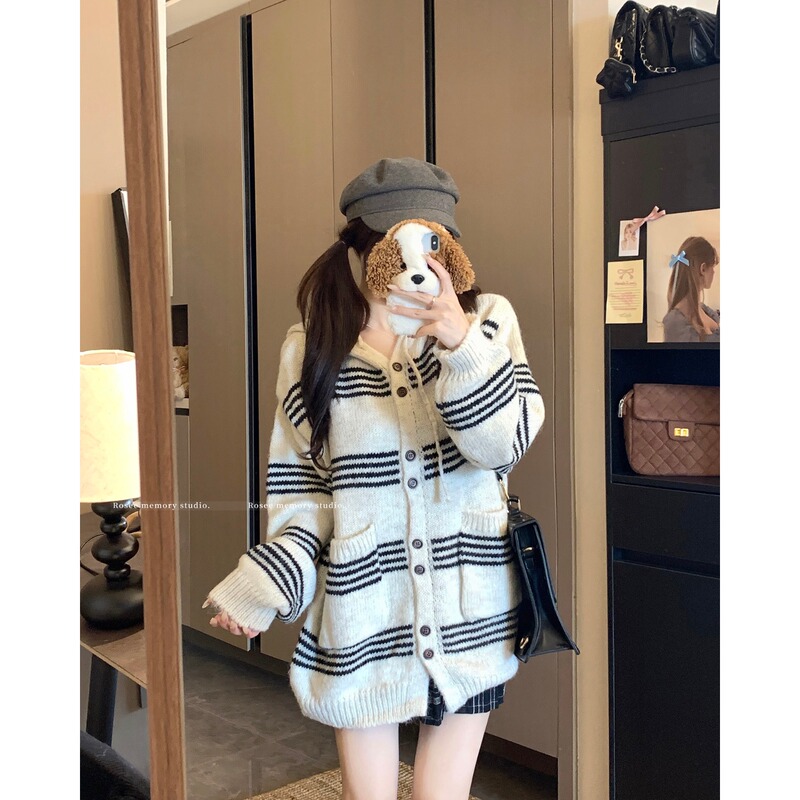 慵懒风女装上衣撞色条纹长袖毛衣外套女秋季韩系宽松连帽针织开衫|undefined