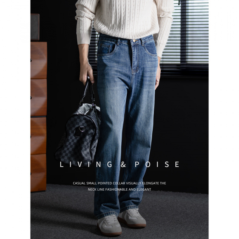Old Money style, lightweight luxury men's straight-leg jeans, high-waisted, skin-friendly, blue wash, casual business, high-end long pants