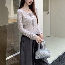 v领长袖T恤高级感外穿打底衫蝴蝶系带亚马逊欧美风跨境百搭上衣女