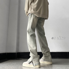 侧边拉链牛仔裤男秋季小众设计感宽松直筒裤美式复古炸街痞帅裤子