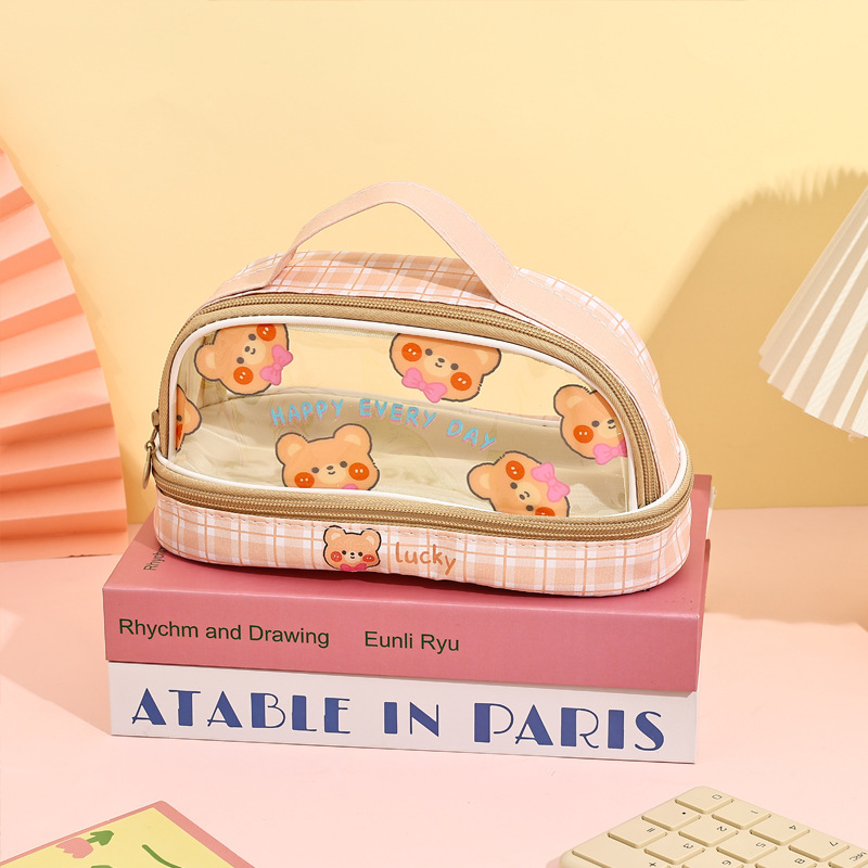 Cartoon Sanrio estuche para lápices estilo ins portátil de doble capa transparente de gran capacidad lindo bolso de papelería tridimensional Kulomi