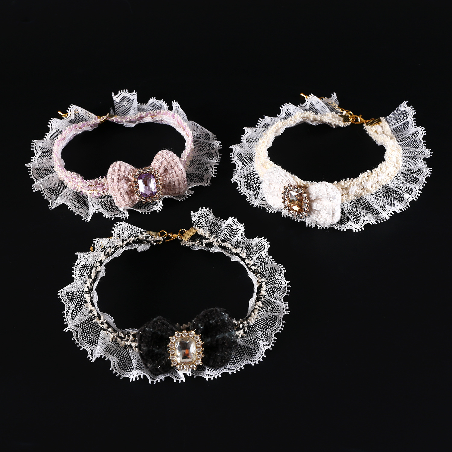 Pet princesa encaje diamante arco gatos perros collar de cumpleaños collar de fragancia