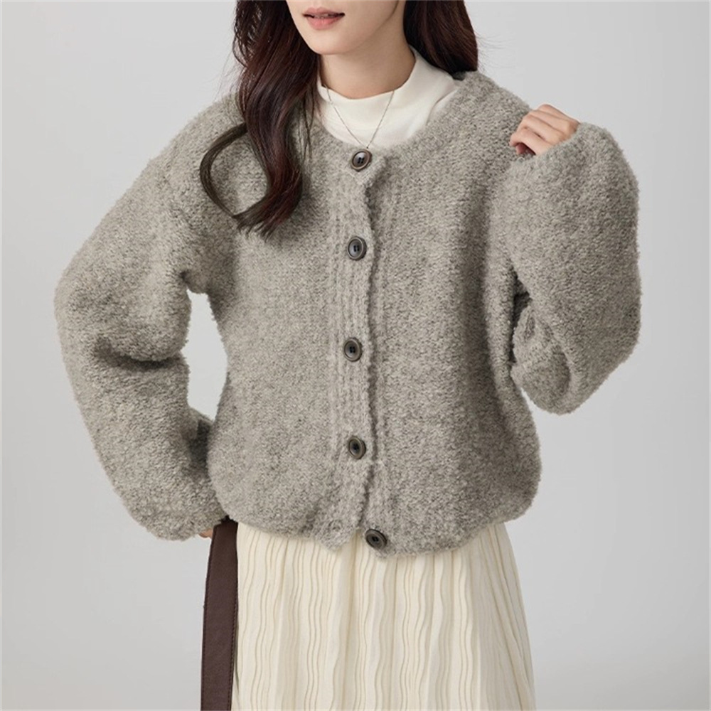 Suéter de cuello redondo de anillo glutinoso suave, abrigo de ropa de mujer, otoño y invierno, nuevo estilo suelto y delgado, cardigan de punto perezoso.