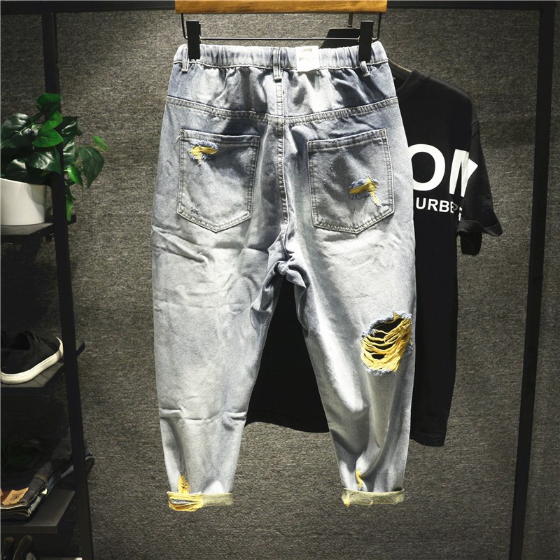 Jeans da uomo cropped, vestibilità ampia, color block, stile effetto usurato, jeans estivi_voghion.com
