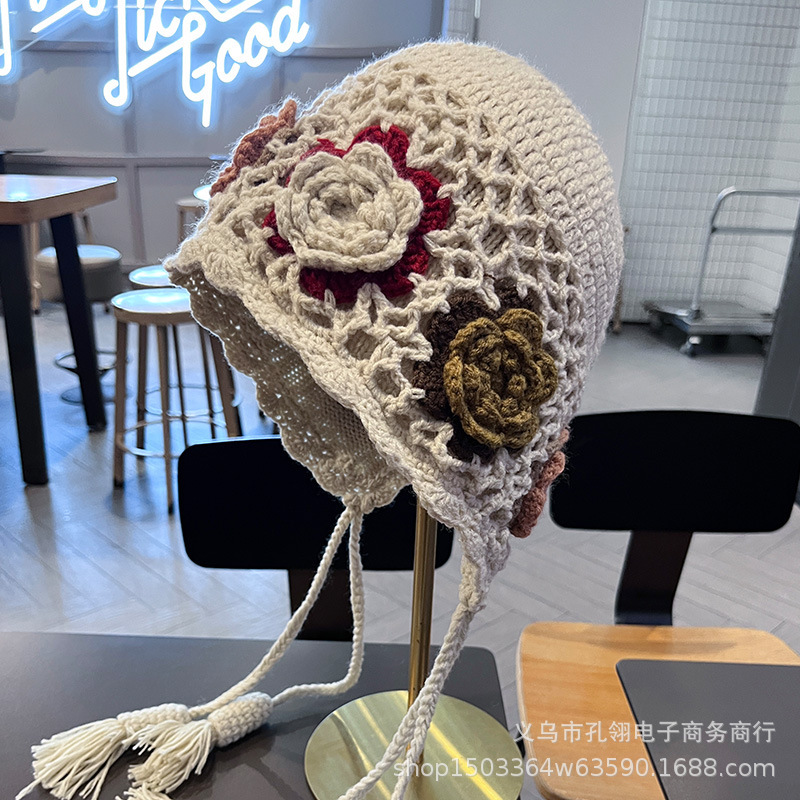 2025新款民族风花朵针织套头帽子女秋季云南丽江旅游氛围感护耳帽|undefined