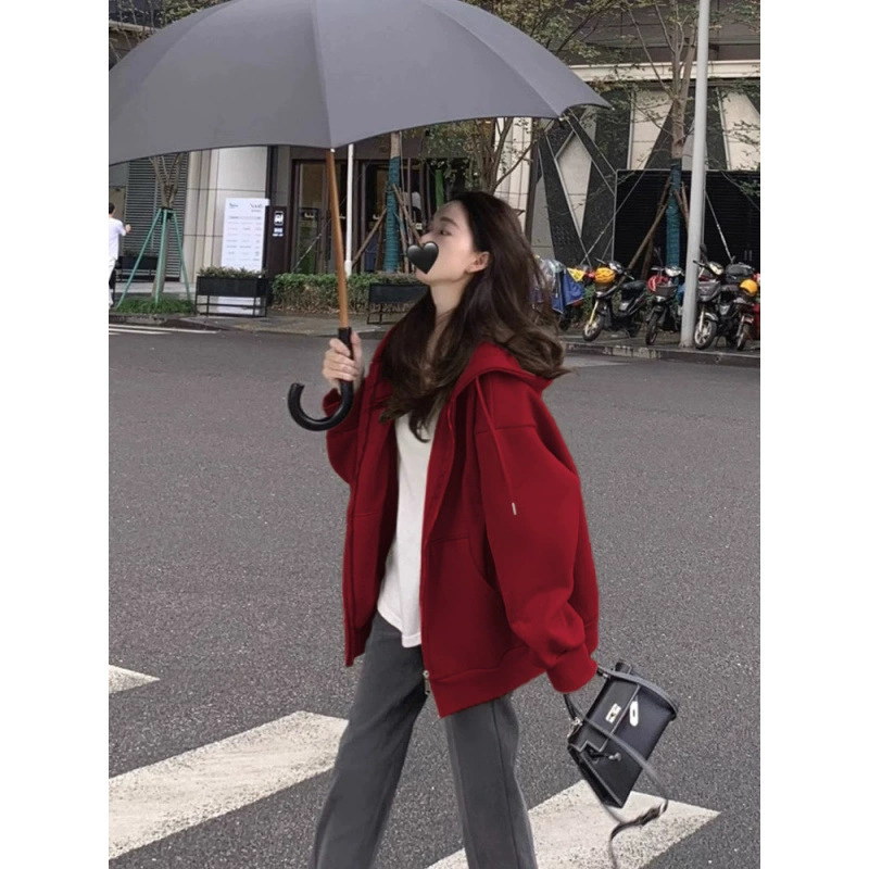 [Плюшевая утолщение-Бархат] Рыжий кардиган на молнии с капюшоном свитер женский осенний и зимний свободный топ