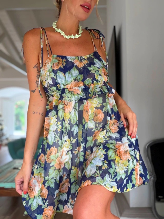 Bohemian Floral Print Spaghetti Strap Maxi Dress With Ruffle Hem, Relaxed Fit For Vacation & Daily Wear_ecoleips.com