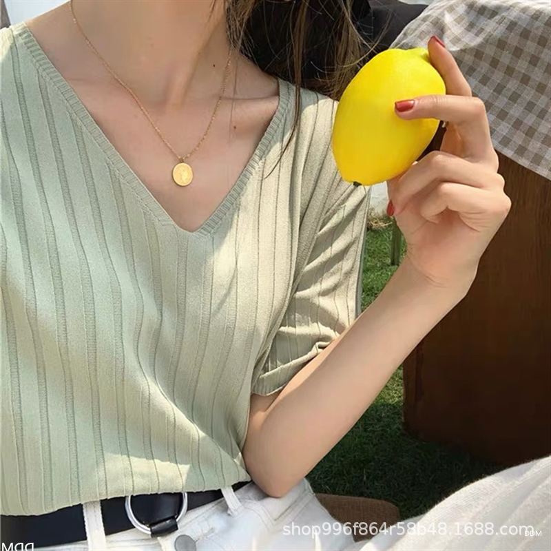 网红2021新款针织衫v领短袖t恤女夏季曲珠薄款内搭打底宽松潮上衣
