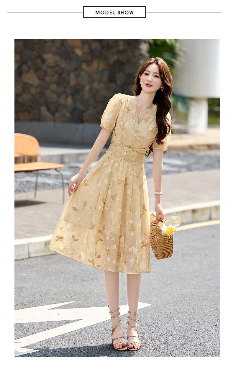 Đầm maxi nữ thắt eo tay bồng họa tiết hoa nhỏ cổ chữ V phong cách tea dress — Màu hồng, màu vàng chi tiết 9