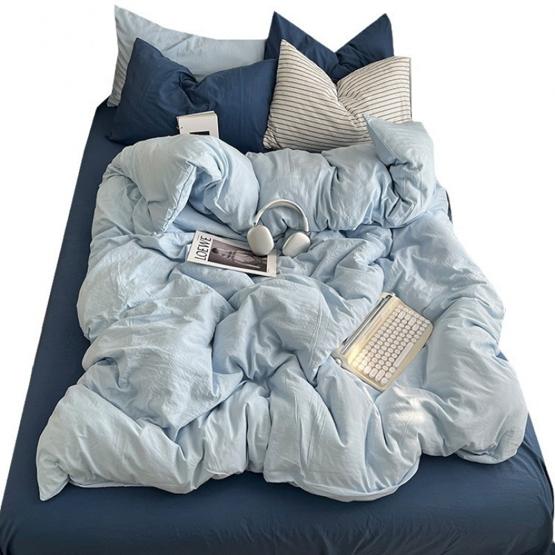 Washed Cotton Four-piece Bedding Set Solid Colour For Home_voghion.com