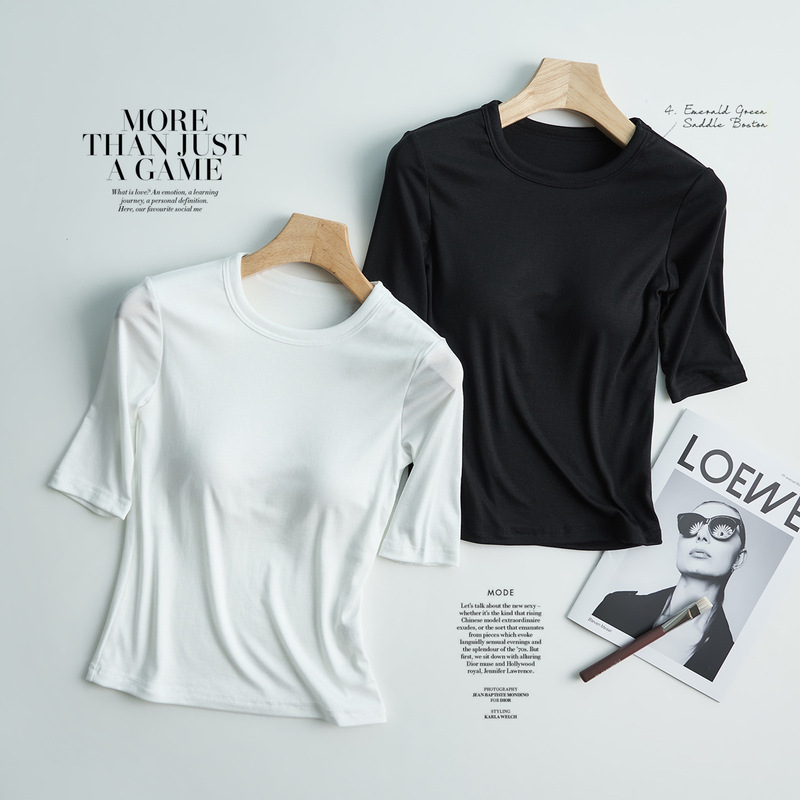 Lyocell Round Neck Short-Sleeve T-Shirt for Women, Summer Slim Fit with Chest Pads, Regular Shoulder, Slimming Mid-Sleeve Versatile Top Lyocell Round Neck Short-Sleeve T-Shirt for Women, Summer Slim Fit with Chest Pads, Regular Shoulder, Slimming Mid-Sleeve Versatile Top