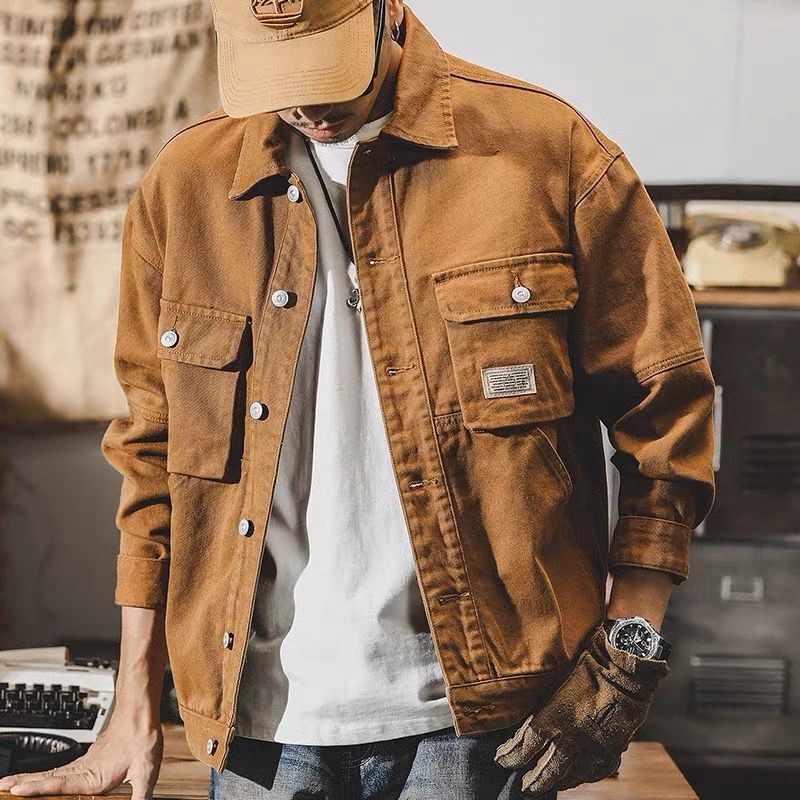 American Style Heavy Denim Jacket Men's Spring and Autumn New Fashion Brand Three-dimensional Double Pocket Heavy Work Jacket