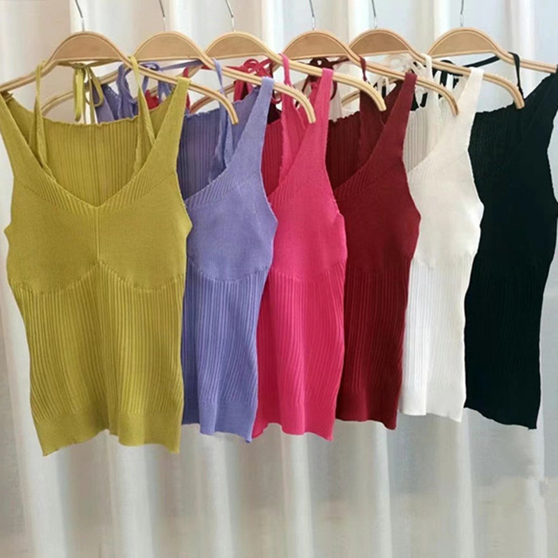 solid color fake two-piece slim knitted halter neck camisole NSSX126245