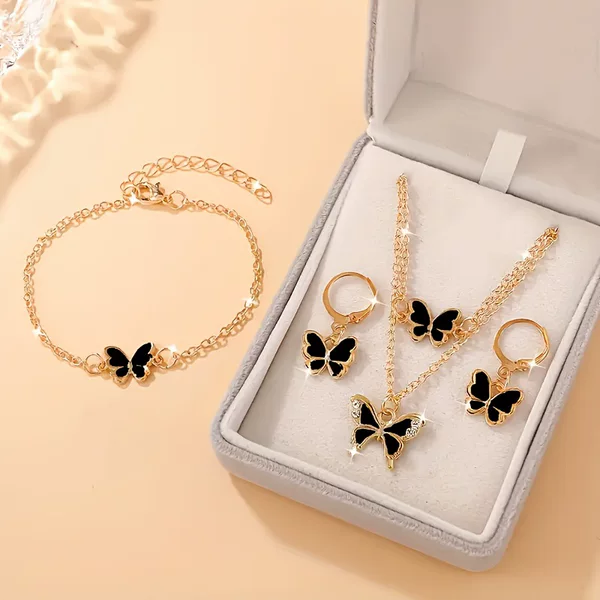 Temu's Best-Selling Double-Layer Stacked Oil-Dropping Butterfly Necklace, Fashionable and Simple Bracelet and Earrings Set Jewelry for Women