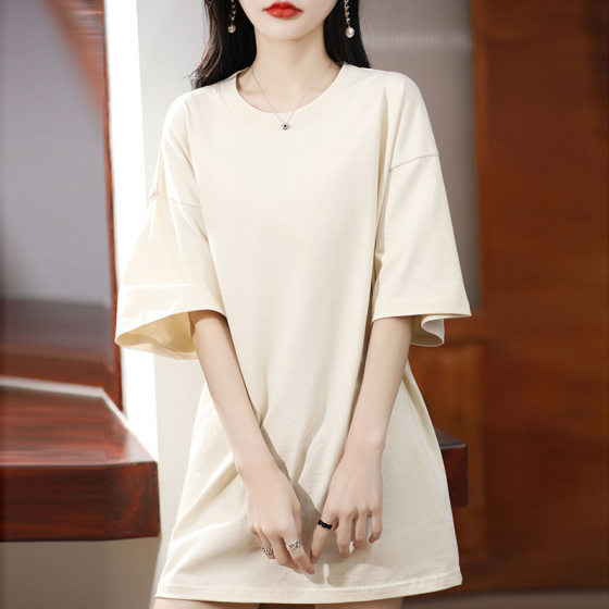Factory wholesale generation of new 25 spring and summer women's long T-shirt Korean cotton short sleeve large drop shoulder T