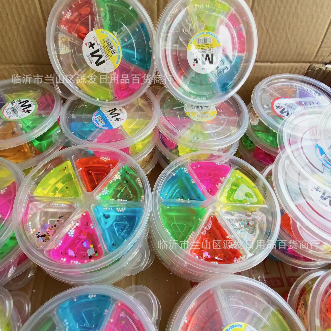 Fábrica al por mayor de seis colores de barro de cristal plastilina arcilla redonda espuma anillo de goma 2 yuanes juguete tienda por mayor 6 rejilla