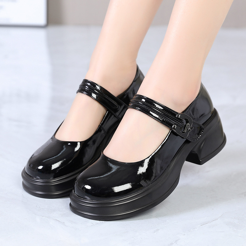 Giày Mary Jane nữ da thật mũi tròn đế dày bánh xốp nhẹ chống trượt — Màu đen