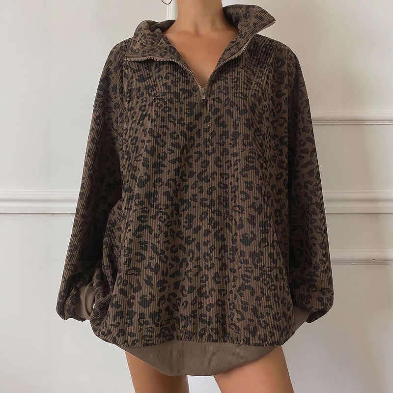 European and American Cross-Border Retro Leopard Print Stand-Up Collar Jacket Early Autumn 2025 New Design Casual Style Loose Mid-Length Sweatshirt