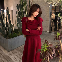 新年战袍女2024秋冬新款御姐气质高端红色礼服法式针织毛衣连衣裙