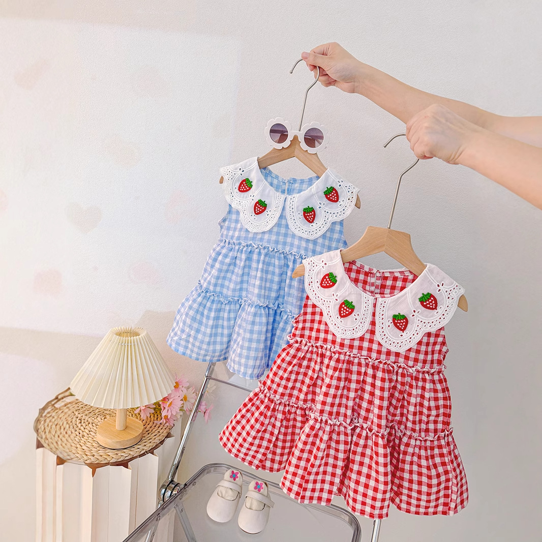 Korean Style dress 2025 Girls Baby Girls Spring and Autumn Summer Dress Princess Dress Stylisess Sleeveless Plaid Doll Collar Dress