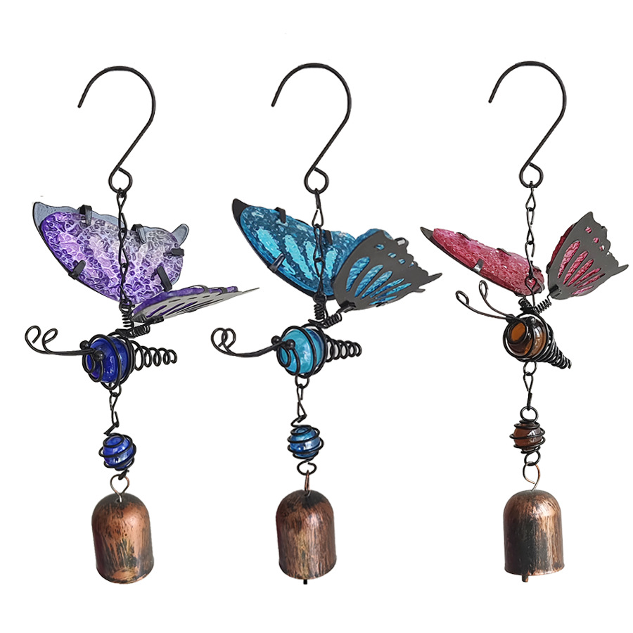 闽捷创艺新品铁艺磨砂玻璃蝴蝶铃铛深秋立体玻璃翅膀蝴蝶现货直供
