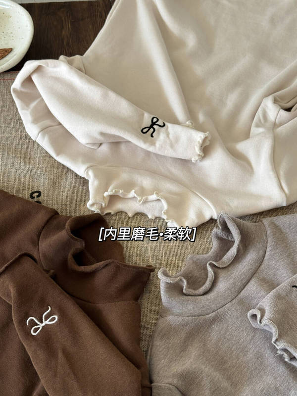 2025秋季新款童装 女童木耳边打底衫儿童刺绣蝴蝶结花边上衣磨毛|undefined