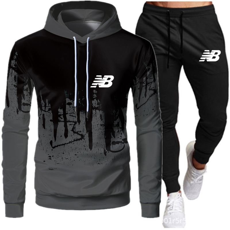 2023 Men's casual hoodie hoodie set with trendy printed sports slim fit men's hoodie set