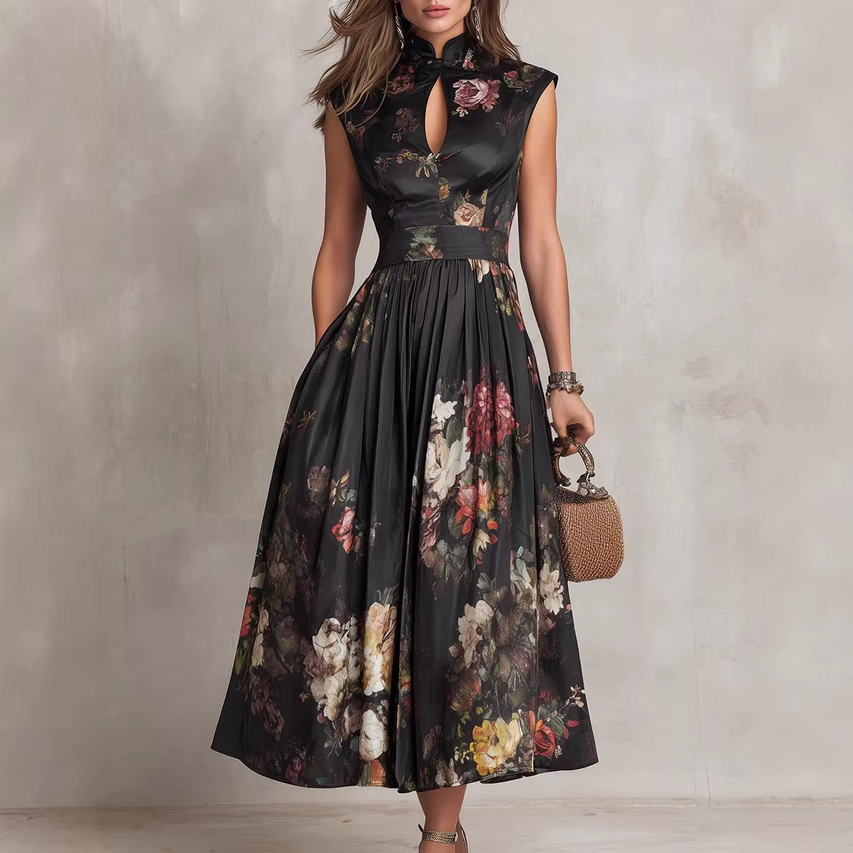 2026 European and American Women's Fashion Amazon Sleeveless Black Digital Print Long Dress with 3D Floral Design Slim Fit Dress