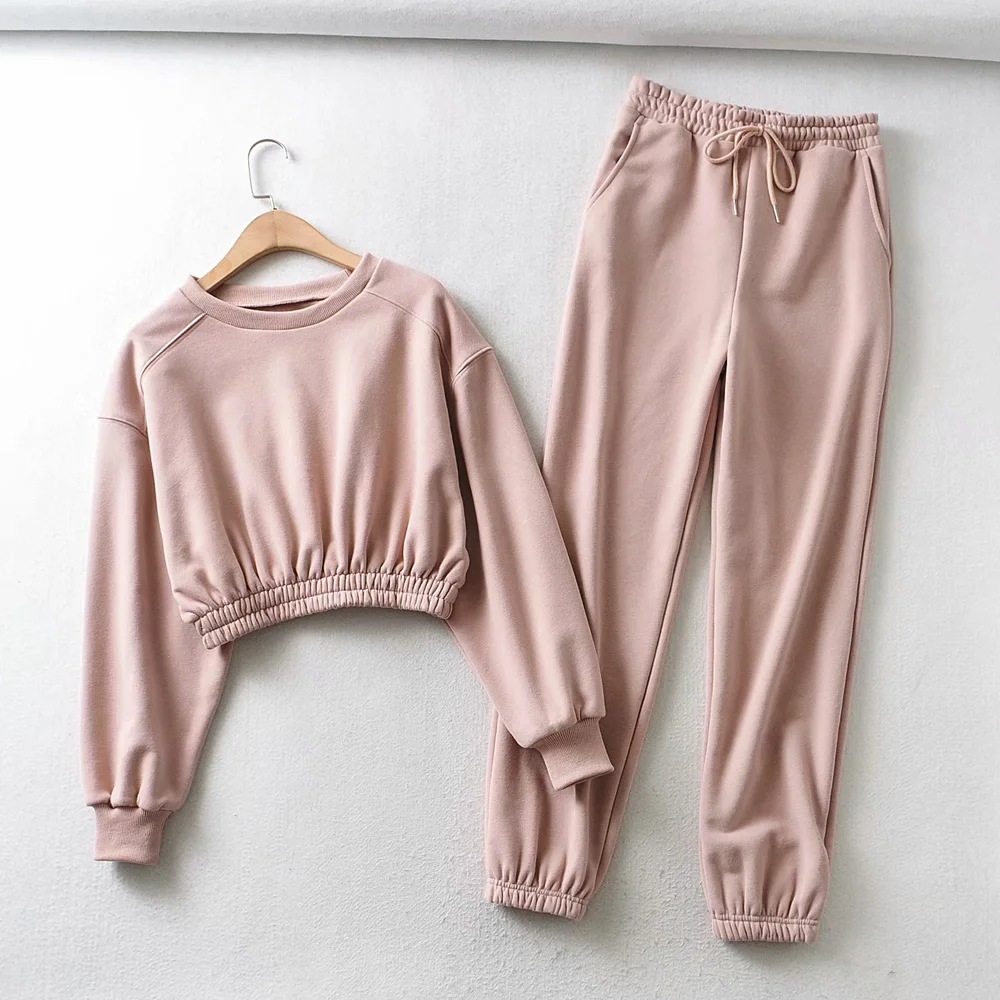 short sweatshirt drawstring elastic waist sweatpants two-piece suit NSHS29319