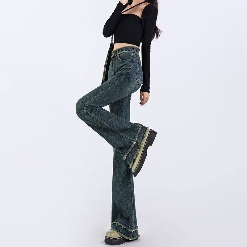 American Hong Kong style design skinny jeans women's 2024 spring and autumn high waist slimming double-layer frayed flared pants