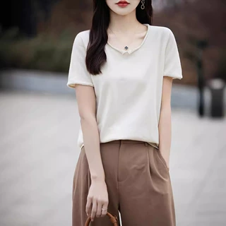 2025早春夏韩版气质内搭小心机V领修身针织衫短袖T恤女上衣