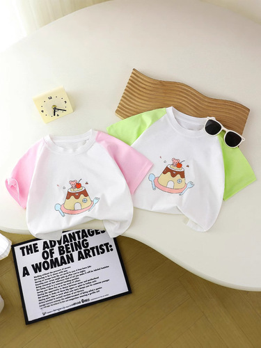 New Korean-style printed short-sleeve T-shirt for girls—summer, trendy, color-blocked, raglan-shoulder pullover—short-sleeve top for little girls