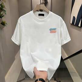 高端短袖t恤男潮流圆领简约印花百搭潮牌轻奢痞帅休闲上衣T恤宽松