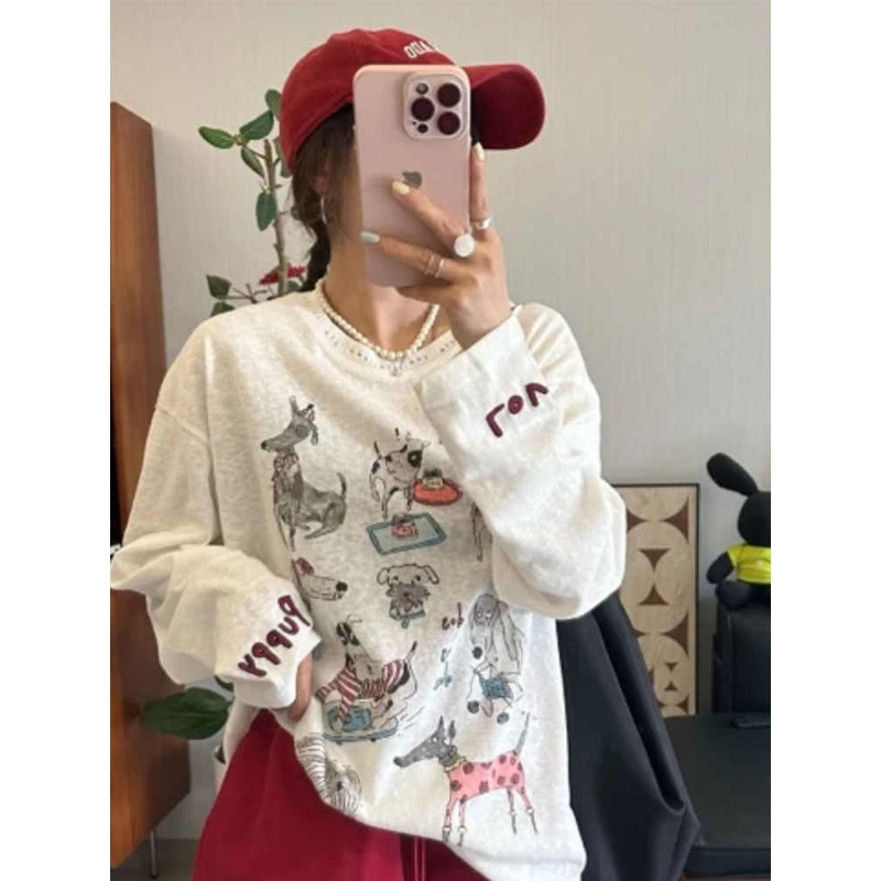韓国版落書き動物レタープリント 2025 夏の新しい長袖 T シャツ女性のためのゆったりと快適な日焼け止めトップトレンディ|undefined