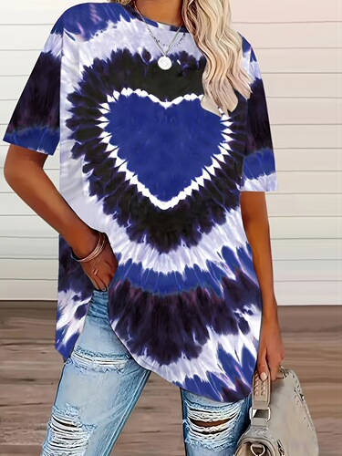 2026 new large size women's tie-dyed love printed T-shirt, spring and summer casual short-sleeved top