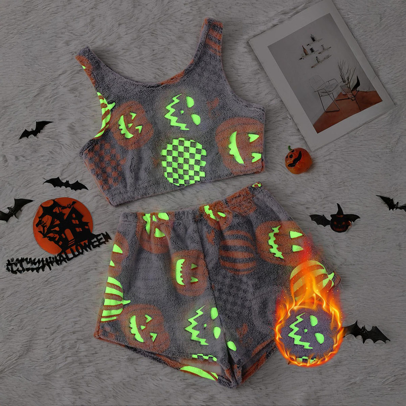 Cross-Border Foreign Trade European and American Halloween Luminous Pajamas for Women, Summer Flannel Pumpkin Print Fluorescent Loungewear with a High-End Feel Cross-Border Foreign Trade European and American Halloween Luminous Pajamas for Women, Summer Flannel Pumpkin Print Fluorescent Loungewear with a High-End Feel
