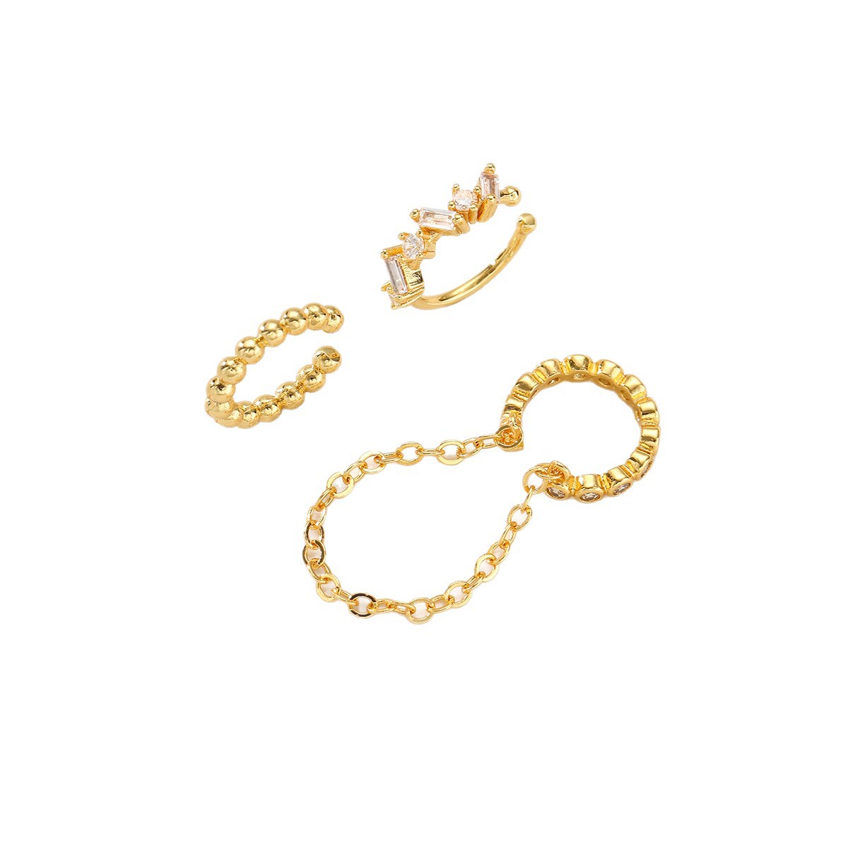 Cadena transfronteriza coreana inswind dorado conjunto de clip de orejas de nicho sensación de diseño ligero de lujo cadena de zircón clip de orejas de hueso