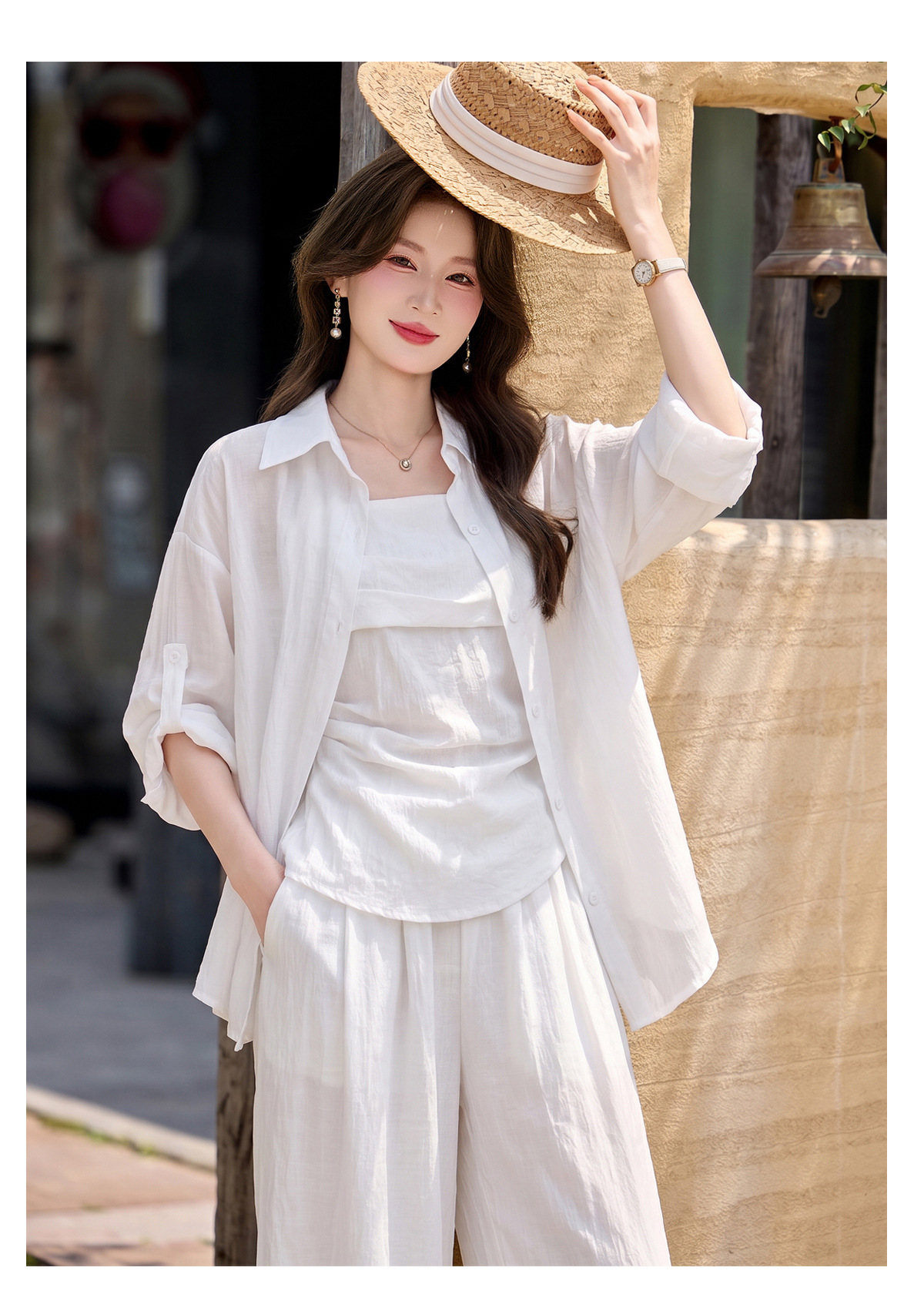 Bộ ba mặc nhà nữ phối áo sơ mi chống nắng, áo hai dây và quần ống suông — màu trắng, màu xám, màu kaki chi tiết 24