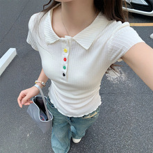 浅杏色polo领短袖T恤女夏季新彩色纽扣褶皱收腰显瘦修身气质上衣