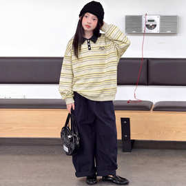 女童春秋套装2025新款韩版polo衫条纹卫衣秋装中大童工装裤两件套