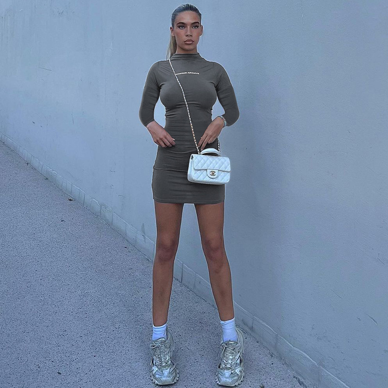 Fashion Letter Round Neck Long Sleeve Printing Spandex Polyester Dresses Knee-Length Sheath Dress