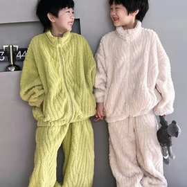 亲子装儿童睡衣男童珊瑚绒冬季家居服套装2023新款加厚保暖两件套