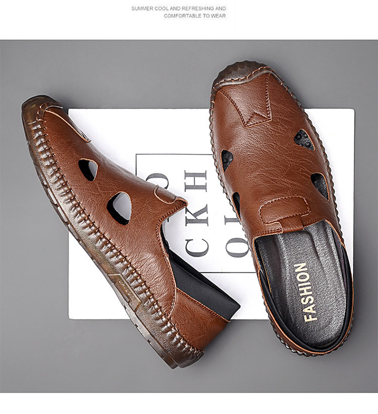 Giày sandal da nam thủ công đan dây, thoáng khí khoét lỗ, kiểu bao đầu — Màu kaki, màu đen chi tiết 19
