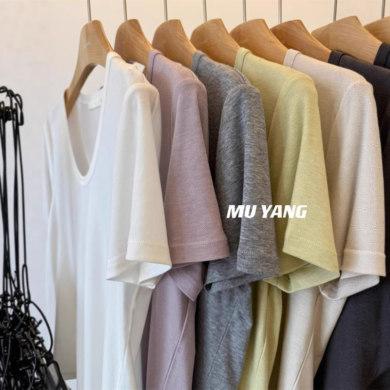 2026 Summer Simple U-Neck Lyocell Wool Short-Sleeve Base T-Shirt for Women, Solid Color Versatile Tee, Regular Shoulder Top, Ins Style