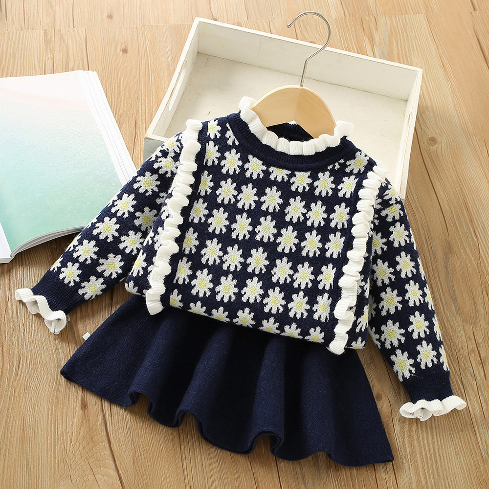 Girls' Sweater Set 2023 Autumn/Winter New Western Korean Edition Women's Treasure Flower Ear Edge Long sleeved_voghion.com