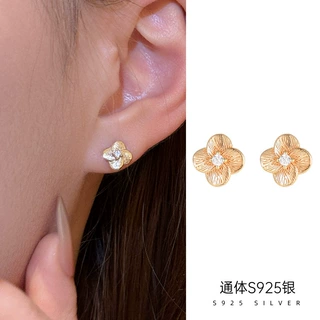 榕树下S925纯银镀14K金拉丝四叶草耳钉女轻奢小众新款春夏ins耳饰