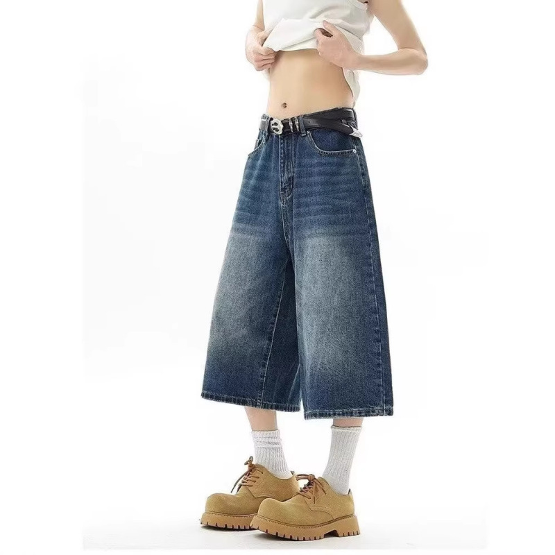 American-Style Washed Retro Denim Cropped Pants for Men, Summer Thin Trendy Brand Cleanfit Loose Wide-Leg Shorts