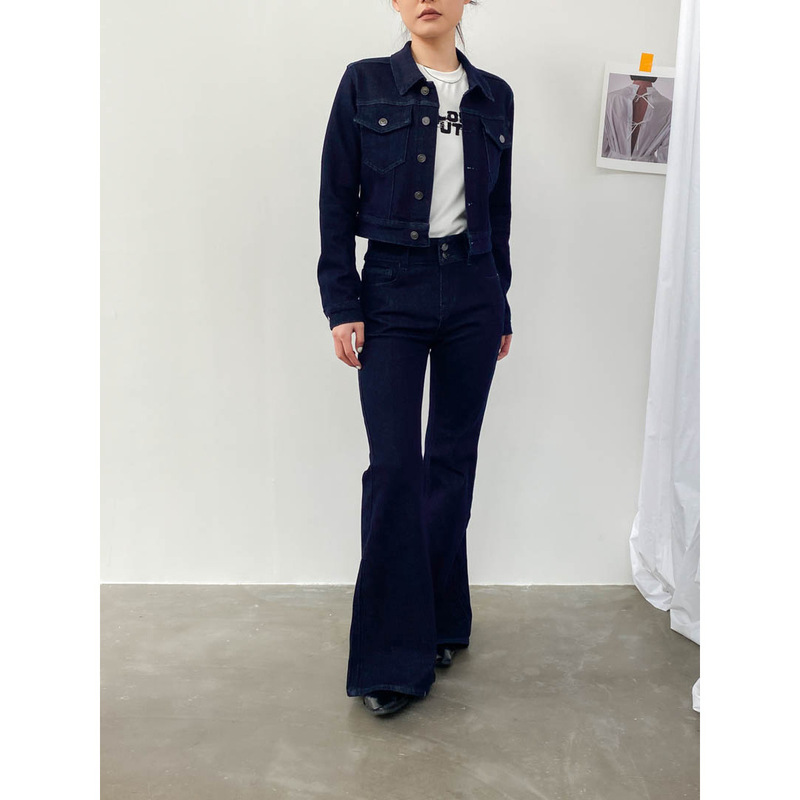 Customer-order supermodel street-shot stretch tannin jeans suit hot girl slim-fit flared pants shoulder Denim jacket